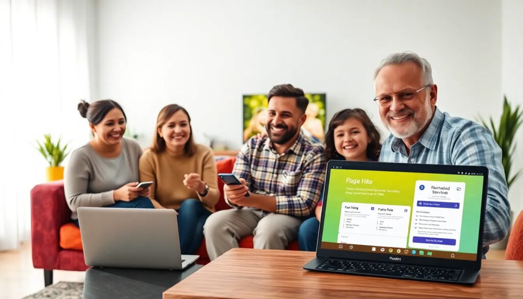 Familia sonríe usando tecnología en sala de estar.