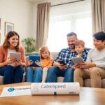 Familia usando dispositivos electrónicos en el salón