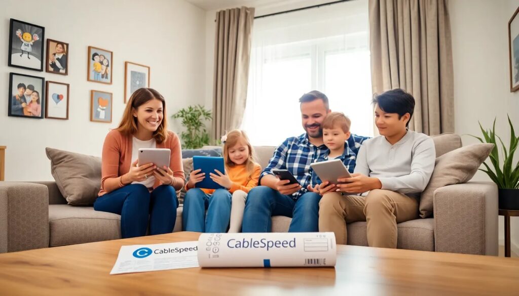 Familia usando dispositivos electrónicos en el salón