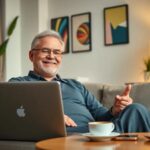 Hombre sonriente usando portátil en casa