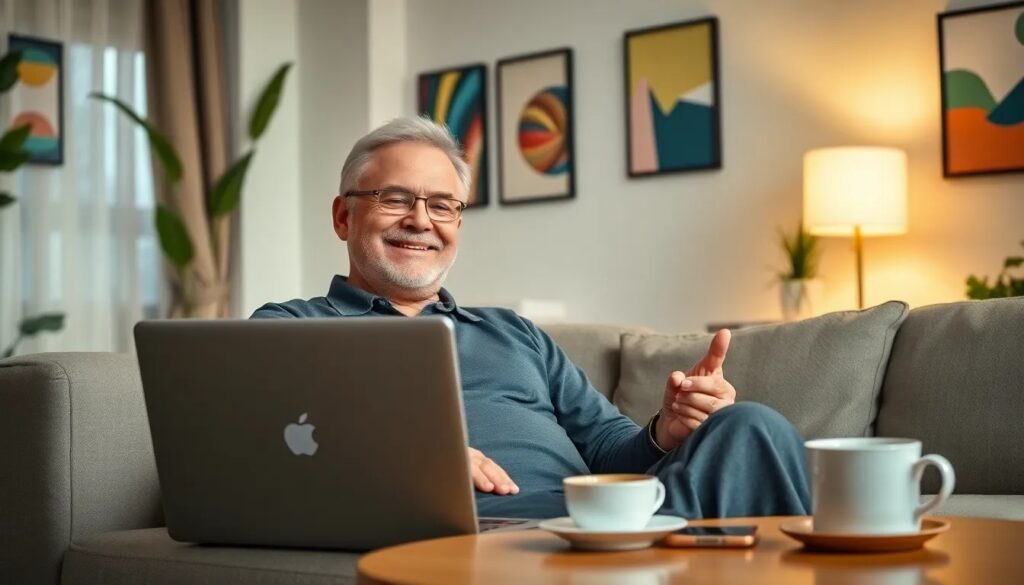 Hombre sonriente usando portátil en casa