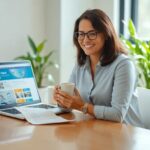 Mujer sonriente en oficina con ordenador portátil.