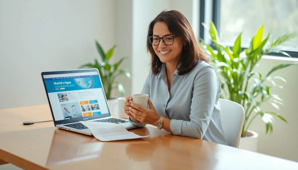 Mujer sonriente en oficina con ordenador portátil.