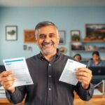 Hombre sonriendo con facturas en oficina.