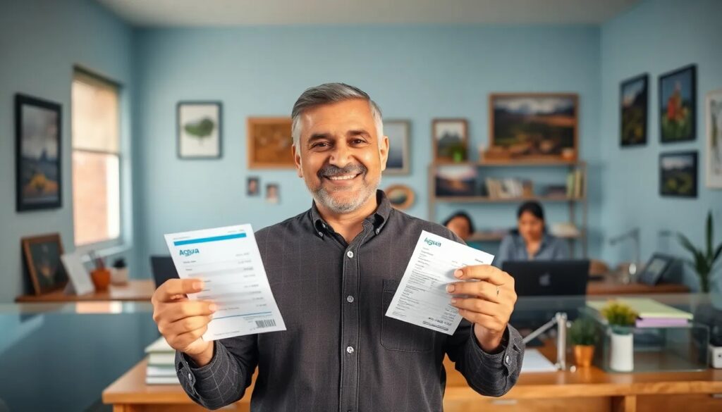 Hombre sonriendo con facturas en oficina.