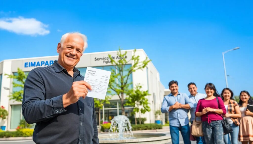 Hombre sonriendo con documento frente a oficina.
