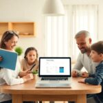 Familia reunida alrededor de un portátil en casa