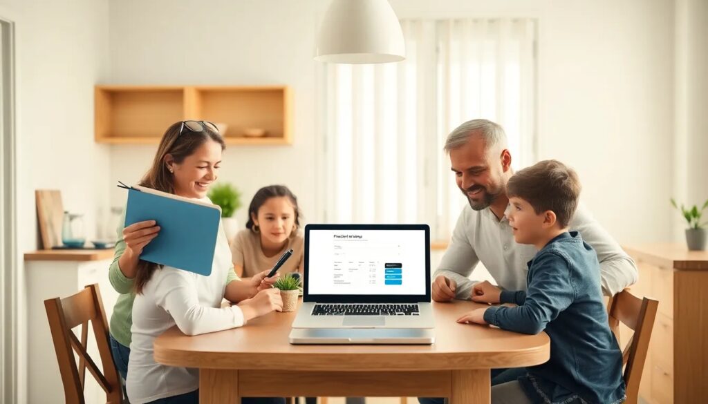 Familia reunida alrededor de un portátil en casa