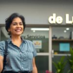 Mujer sonriente con boleto frente a tienda 'de Luz'.