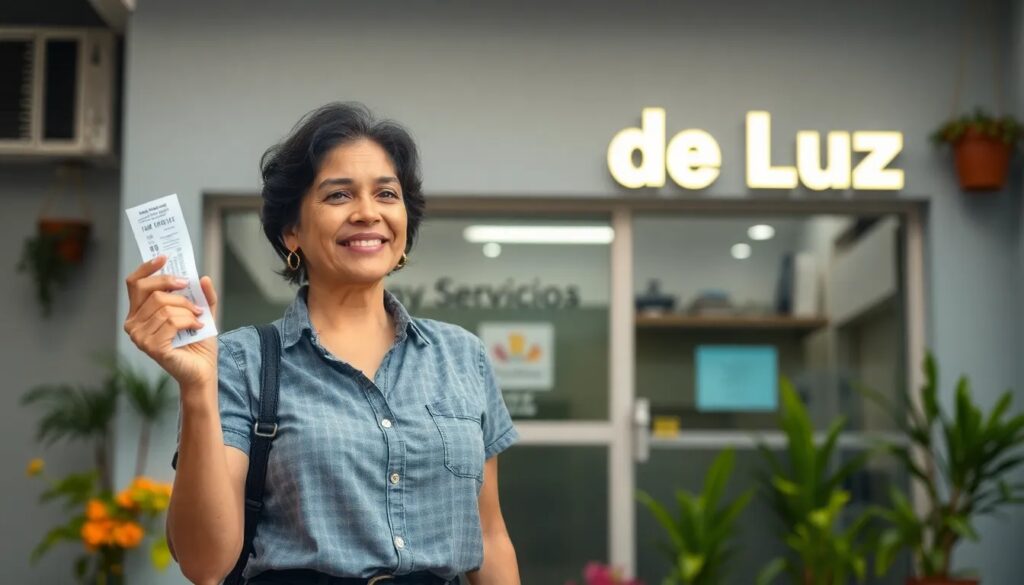 Mujer sonriente con boleto frente a tienda 'de Luz'.