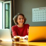 Mujer trabajando en ordenador con agenda de servicios.