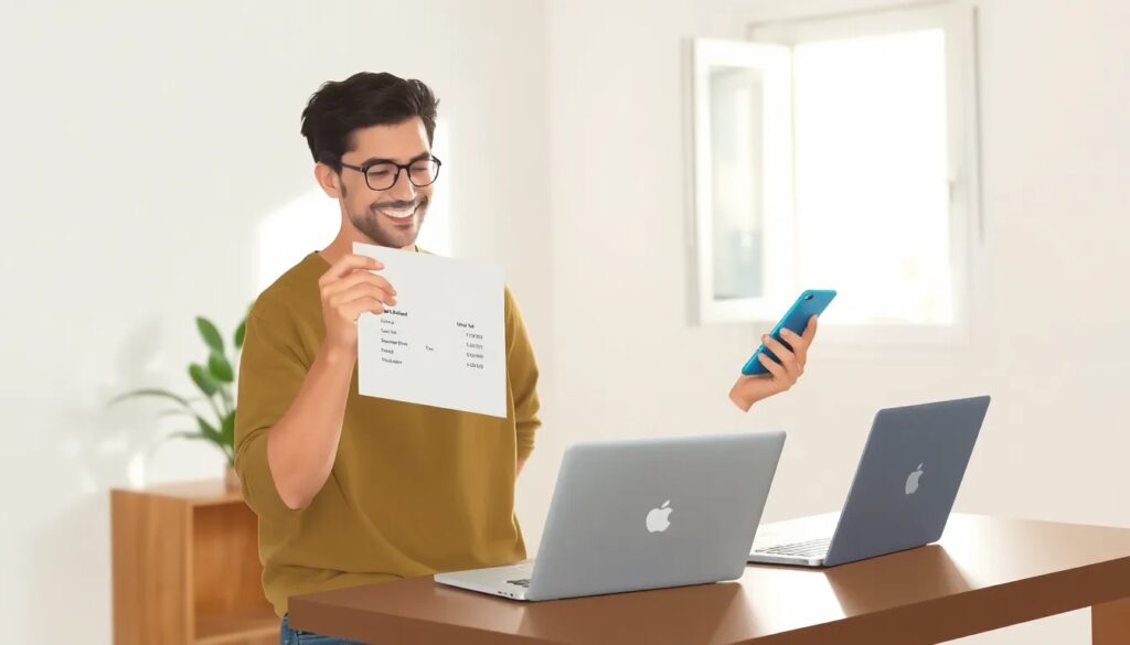 Hombre feliz usando móvil y computadora portátil
