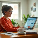 Mujer en oficina trabajando en ordenador portátil.