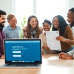 Grupo feliz con documento y portátil en oficina