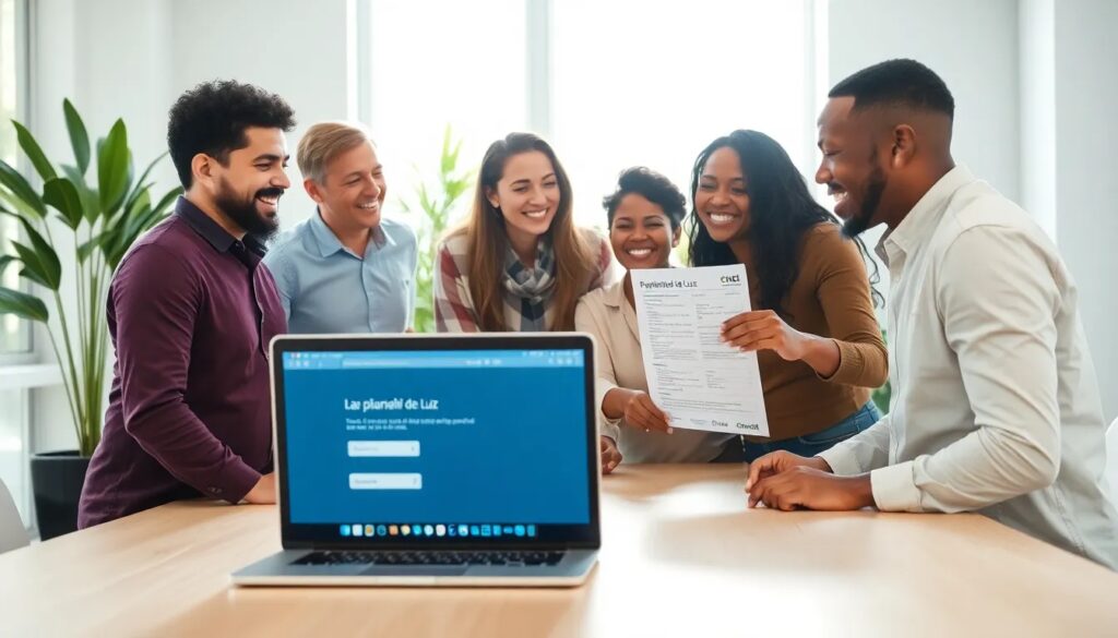 Grupo feliz con documento y portátil en oficina
