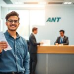 Hombre sonriente sostiene documento en oficina moderna.