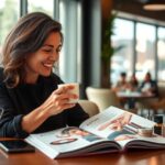 Mujer sonriente con café y revista en cafetería.