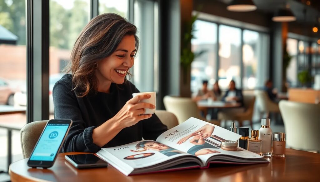 Mujer sonriente con café y revista en cafetería.