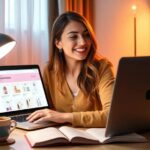 Mujer comprando en línea desde portátil en casa