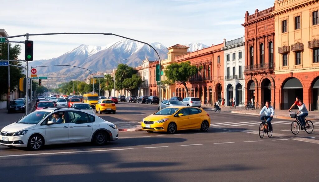 Calle concurrida con ciclistas y montañas al fondo.