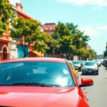 Calle concurrida con coches y banderas