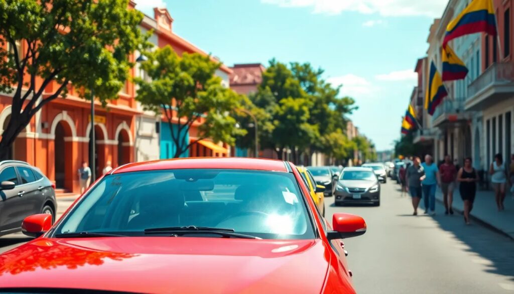 Calle concurrida con coches y banderas