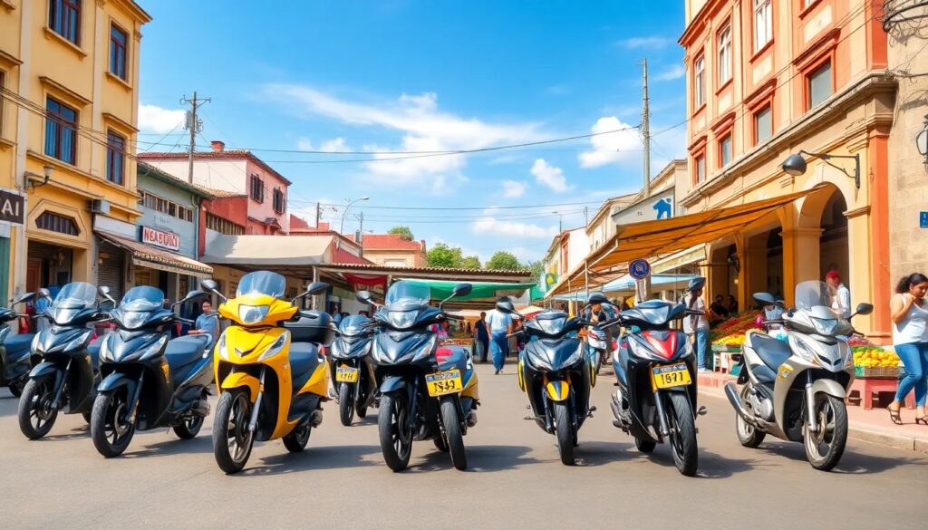 Motos estacionadas en una calle de ciudad soleada.