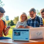 Grupo de personas usando móviles en un parque