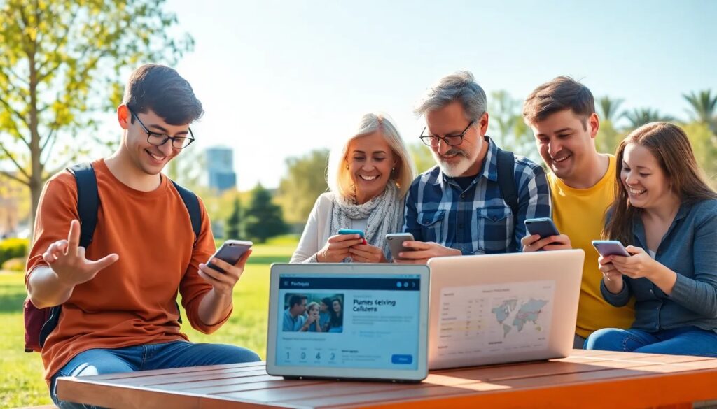 Grupo de personas usando móviles en un parque