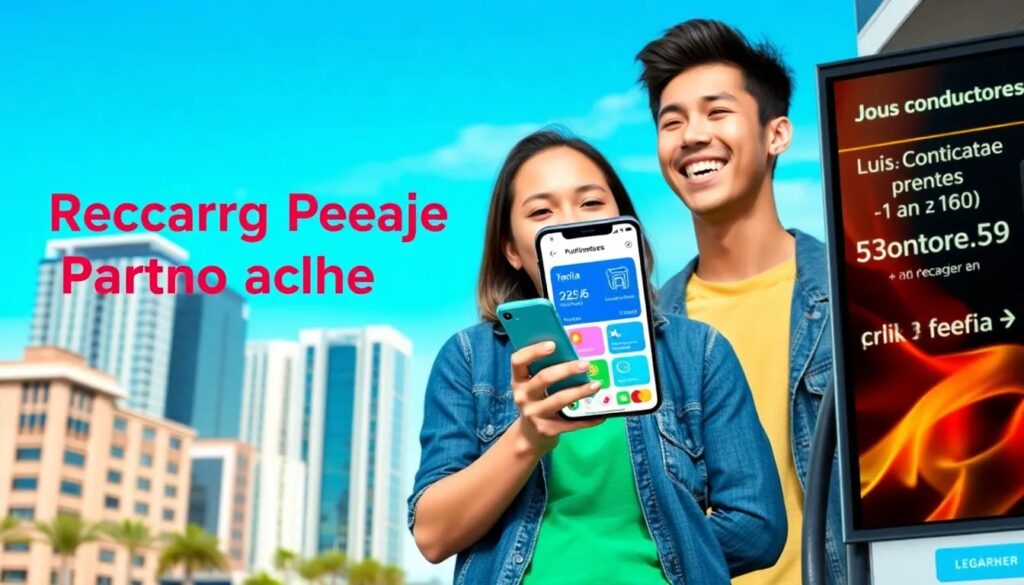 Jóvenes usan aplicación de recarga en ciudad moderna.