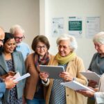 Personas mayores utilizando tabletas en actividad grupal.