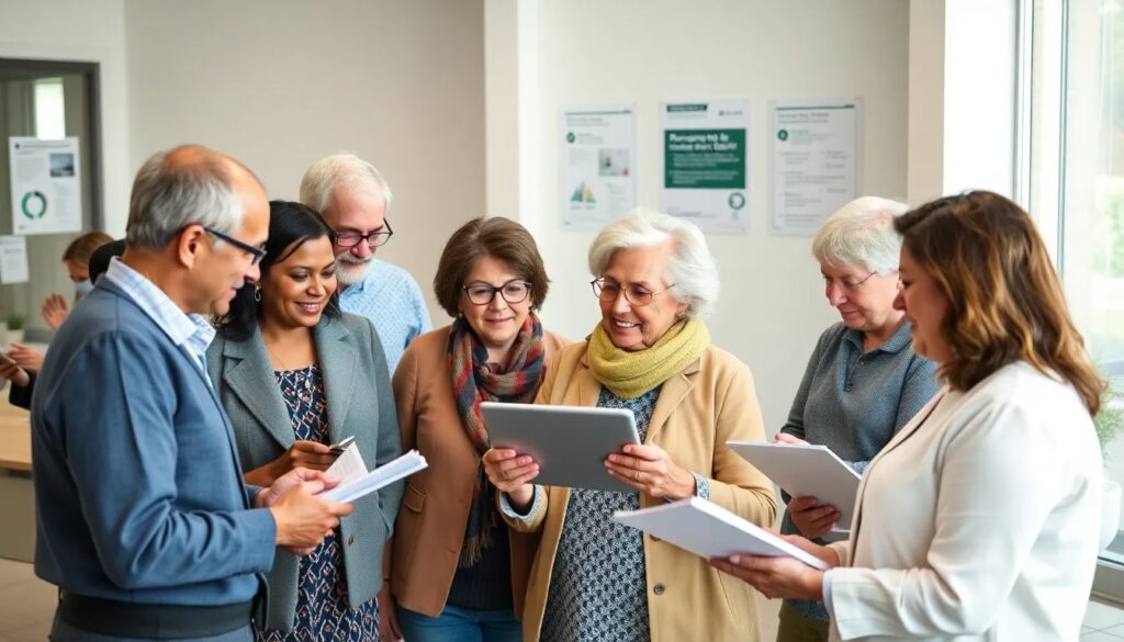 Personas mayores utilizando tabletas en actividad grupal.