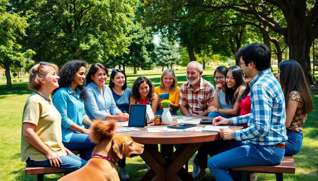 Grupo de personas charlando en parque con perro