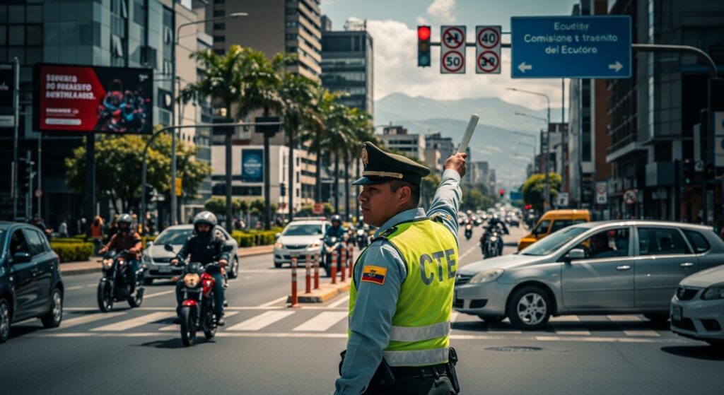 Agente de tráfico dirigiendo el tráfico en ciudad