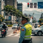 Agente de tráfico dirigiendo el tráfico en ciudad