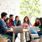 Estudiantes colaborando en grupo con ordenadores portátiles.