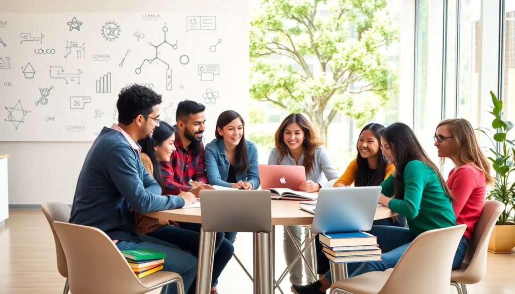 Estudiantes colaborando en grupo con ordenadores portátiles.