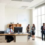 Oficina moderna con personas trabajando y conversando