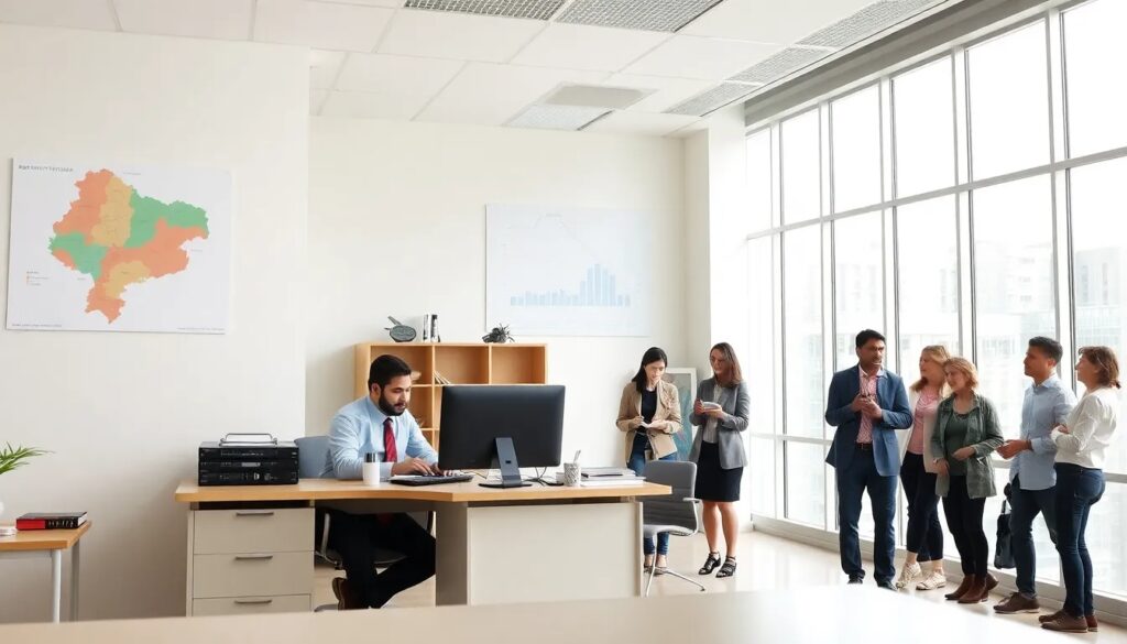 Oficina moderna con personas trabajando y conversando