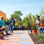 Personas en un jardín compartido, disfrutando al aire libre.
