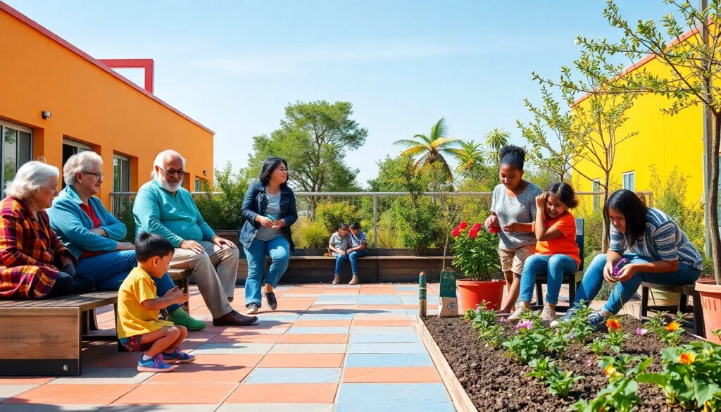 Personas en un jardín compartido, disfrutando al aire libre.