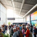 Personas esperando en estación de autobuses con mapas visibles.