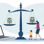 Balanza con escudos y bandera de Ecuador.