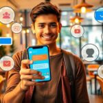 Joven con móvil rodeado de iconos de aplicaciones.