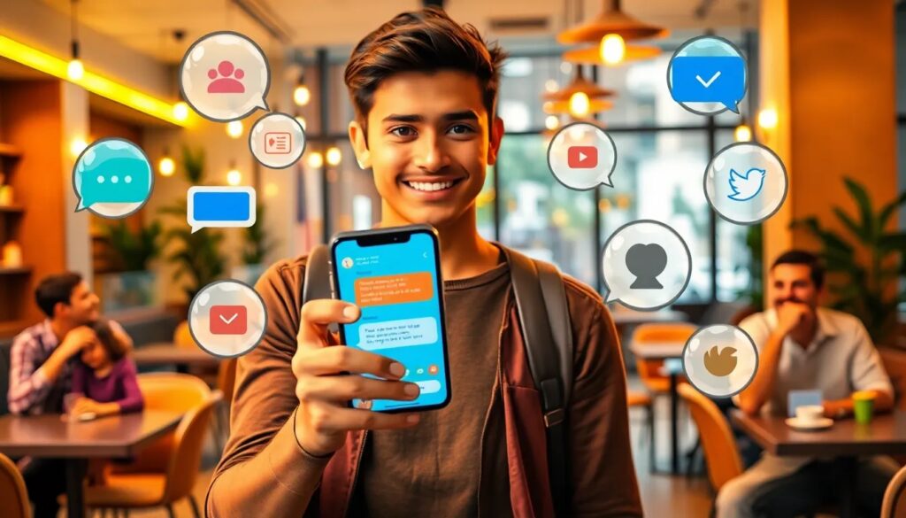 Joven con móvil rodeado de iconos de aplicaciones.