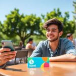 Persona usando móvil en terraza con tarjeta Tuenti