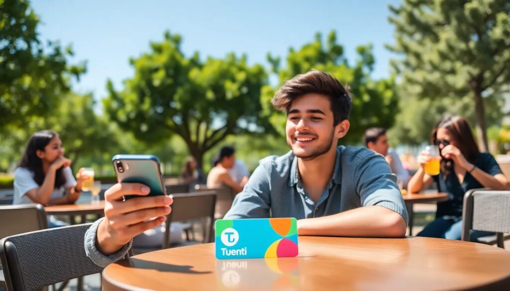 Persona usando móvil en terraza con tarjeta Tuenti