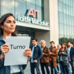 Persona sosteniendo cartel de turno en fila de espera.