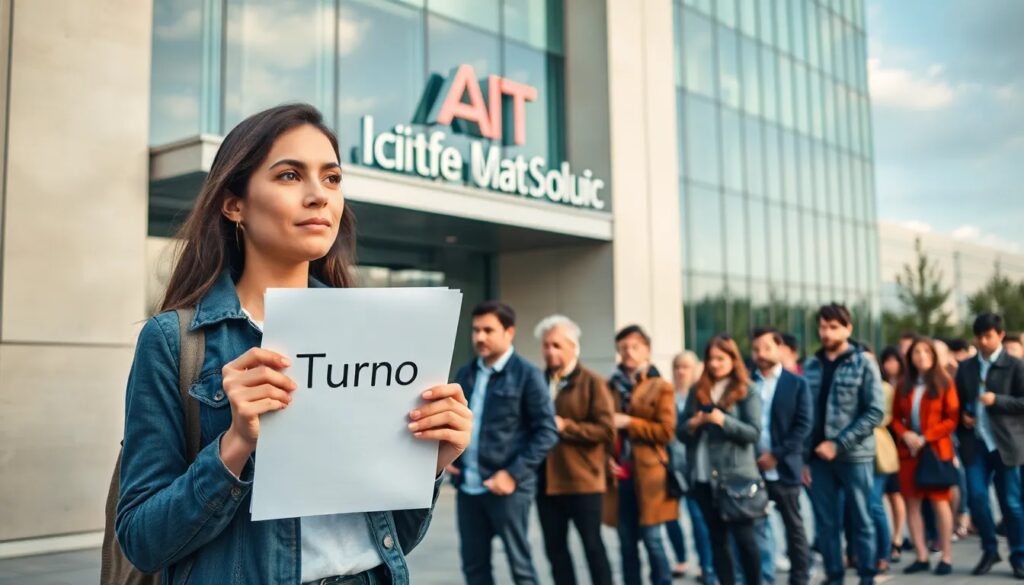 Persona sosteniendo cartel de turno en fila de espera.