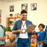 Familia hablando con empleado en sala de estar.